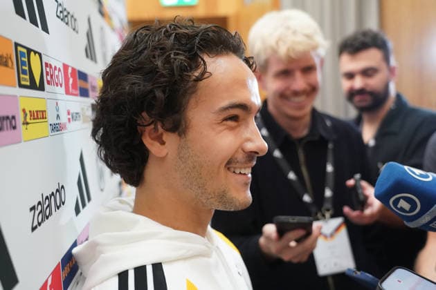Mika Baur (Germany) in an interview with Mixed Zone at the kickoff of the second national team camp for the Nations League at Herzo Base on September 29, 2026. German National Team, Nations League Preparation, Home Ground, HerzoBase, World of Adidas, Herzogenaurach
