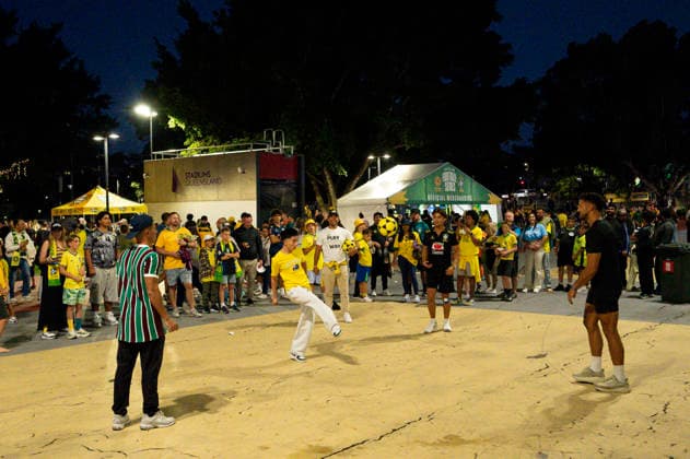 29th September 2026; Suncorp Stadium, Brisbane, Australia; Friendlies Football, Australia versus Brazil; Fans play keep ups before the game NigelxOwen