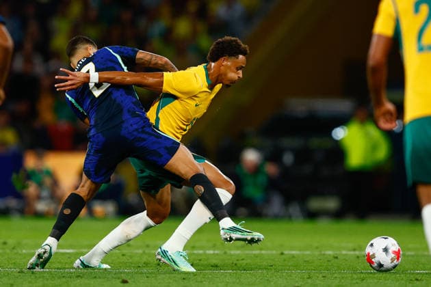 SOCCER AUSTRALIA BRAZIL, Tete Yengi of Australia is tackled by Vanderson of Brazil during the Queensland Football Series International Friendly, Länderspiel, Nationalmannschaft match between the Socceroos and Brazil at Suncorp Stadium in Brisbane, Tuesday, September 29, 2026. ( NO ARCHIVING, EDITORIAL USE ONLY  Copyright: xRUSSELLxFREEMANx 20260929120075439977