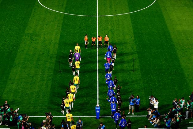 SOCCER AUSTRALIA BRAZIL, Australia and Brazil enter the field during the Queensland Football Series International Friendly, Länderspiel, Nationalmannschaft match between the Socceroos and Brazil at Suncorp Stadium in Brisbane, Tuesday, September 29, 2026. ( NO ARCHIVING, EDITORIAL USE ONLY  Copyright: xRUSSELLxFREEMANx 20260929139701691300