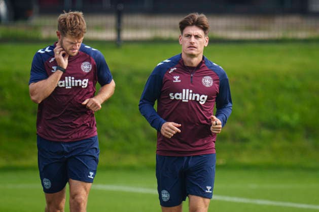 Denmark s Nations League players Joakim Maehle and Joachim Andersen during a training session at the national soccer team s camp in Helsingør on Tuesday, September 29, 2026. Denmark will play a Nations League match against Portugal at Parken on Thursday. Photo: Liselotte Sabroe, Ritzau Scanpix, Copenhagen, Denmark  Copyright: Ritzau Scanpix LiselottexSabroex spdk20260929-123608-L