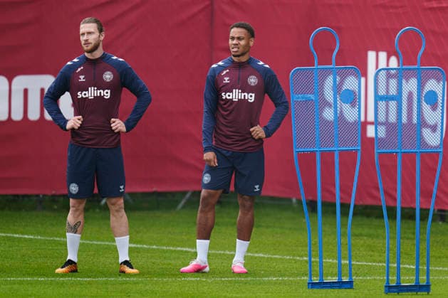 Denmark Nations League: Kasper Hoegh and Nikolas Nartey during training at the national soccer team’s gathering in Helsingør on Tuesday, September 29, 2026. Denmark will play a Nations League match on Thursday at Parken against Portugal. Photo: Liselotte Sabroe, Ritzau Scanpix, Copenhagen, Denmark  Copyright: Ritzau Scanpix LiselottexSabroex spdk20260929-120533-L