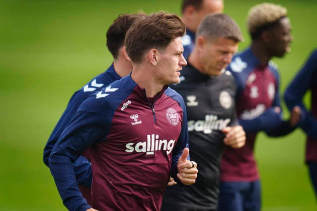 Denmark Nations League: Joakim Maehle during training at the national soccer team’s gathering in Helsingør on Tuesday, September 29, 2026. Denmark will play a Nations League match against Portugal on Thursday at Parken. Photo: Liselotte Sabroe, Ritzau Scanpix, Copenhagen, Denmark  Copyright: Ritzau Scanpix LiselottexSabroex spdk20260929-123958-L