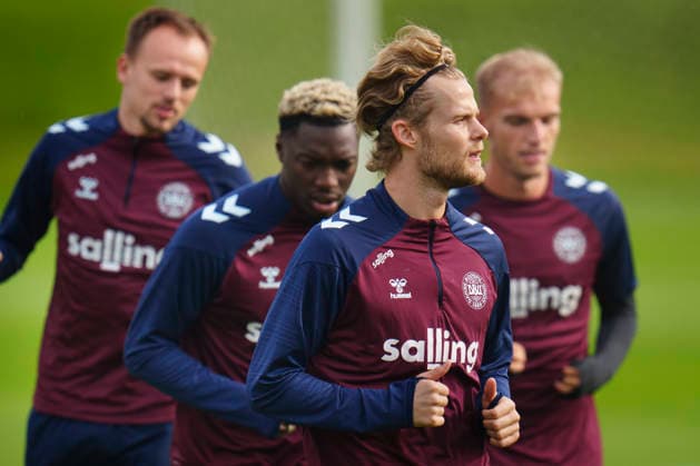 Denmark Nations League: Morten Hjulmand, Mohamed Daramy, Gustav Isaksen, and Mikkel Damsgaard during training at the national soccer team s camp in Helsingør on Tuesday, September 29, 2026. Denmark will play a Nations League match against Portugal on Thursday at Parken. Photo by Liselotte Sabroe, Ritzau Scanpix, Copenhagen, Denmark  Copyright: Ritzau Scanpix LiselottexSabroex spdk20260929-124316-L