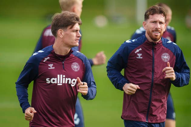 Denmark s Nations League players Joakim Maehle and Pierre-Emile Højbjerg during training at the national soccer team s camp in Helsingør on Tuesday, September 29, 2026. Denmark will play a Nations League match against Portugal on Thursday at Parken. Photo: Liselotte Sabroe, Ritzau Scanpix, Copenhagen, Denmark  Copyright: Ritzau Scanpix LiselottexSabroex spdk20260929-122846-L