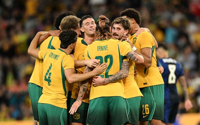 SOCCER AUSTRALIA BRAZIL, Connor Metcalfe of the Socceroos celebrates scoring a goal with team mates during the Queensland Football Series International Friendly, Länderspiel, Nationalmannschaft match between the Australian Socceroos and Brazil at Suncorp Stadium in Brisbane, Tuesday, September 29, 2026. ( NO ARCHIVING, EDITORIAL USE ONLY BRISBANE QUEENSLAND Australia  Copyright: xDARRENxENGLANDx 20260929178163301214