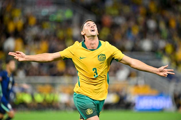 29th September 2026; Suncorp Stadium, Brisbane, Australia; Friendlies Football, Australia versus Brazil; Alessandro Circati of Australia celebrates his goal to make it 1-1 in the 28th minute NigelxOwen