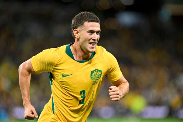 29th September 2026; Suncorp Stadium, Brisbane, Australia; Friendlies Football, Australia versus Brazil; Alessandro Circati of Australia celebrates his goal to make it 1-1 in the 28th minute NigelxOwen