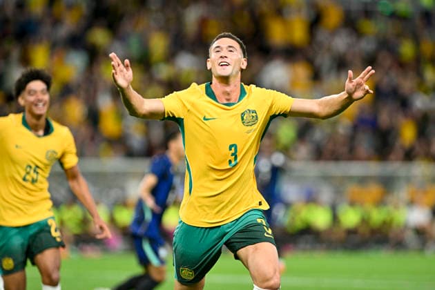 29th September 2026; Suncorp Stadium, Brisbane, Australia; Friendlies Football, Australia versus Brazil; Alessandro Circati of Australia celebrates his goal to make it 1-1 in the 28th minute NigelxOwen