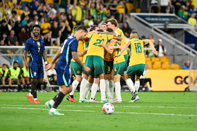 29th September 2026; Suncorp Stadium, Brisbane, Australia; Friendlies Football, Australia versus Brazil; Australia celebrate the goal of Connor Metcalfe of Australia in the 33rd minute to make it 2-1 as Vinicius Junior of Brazil looks on NigelxOwen