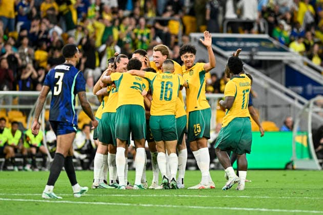 29th September 2026; Suncorp Stadium, Brisbane, Australia; Friendlies Football, Australia versus Brazil; Australia celebrate the goal of Connor Metcalfe of Australia in the 33rd minute to make it 2-1 NigelxOwen