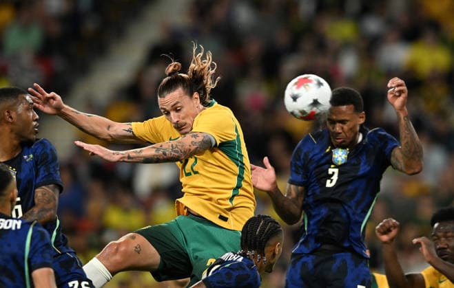SOCCER AUSTRALIA BRAZIL, Jackson Irvine of the Socceroos in action during the Queensland Football Series International Friendly, Länderspiel, Nationalmannschaft match between the Australian Socceroos and Brazil at Suncorp Stadium in Brisbane, Tuesday, September 29, 2026. ( NO ARCHIVING, EDITORIAL USE ONLY BRISBANE QUEENSLAND Australia  Copyright: xDARRENxENGLANDx 20260929189494668735
