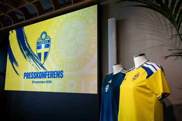 September 29, 2026: Jerseys of the Swedish women’s national soccer team ahead of a press conference on September 29, 2026 in Stockholm. Photo by Jesper Zerman, BILDBYRAN, code JZ JZ0761. soccer, football, soccer, World Cup qualifiers, FIFA Women’s World Cup qualifiers, national team selection, Sweden, team presentation, women’s soccer Copyright: JESPERxZERMAN BB260929JZ002