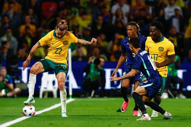 SOCCER AUSTRALIA BRAZIL, Jackson Irvine of Australia in action during the Queensland Football Series International Friendly, Länderspiel, Nationalmannschaft match between the Socceroos and Brazil at Suncorp Stadium in Brisbane, Tuesday, September 29, 2026. ( NO ARCHIVING, EDITORIAL USE ONLY  Copyright: xRUSSELLxFREEMANx 20260929136952490160
