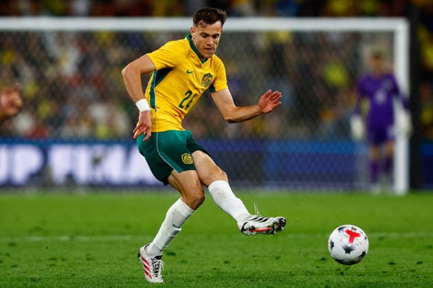 SOCCER AUSTRALIA BRAZIL, Paul Okon-Engstler of Australia passes the ball during the Queensland Football Series International Friendly, Länderspiel, Nationalmannschaft match between the Socceroos and Brazil at Suncorp Stadium in Brisbane, Tuesday, September 29, 2026. ( NO ARCHIVING, EDITORIAL USE ONLY  Copyright: xRUSSELLxFREEMANx 20260929155122750620