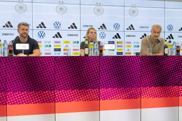 Women s National Team Roster Announcement Press Conference: From left, U-23 Head Coach Michael Urbansky, DFB Sports Director Nia Künzer, and National Team Coach Christian Wück. Press conference held at the DFB Campus in Frankfurt am Main on September 29, 2026; Frankfurt am Main, Hesse, Germany; DFB Campus
