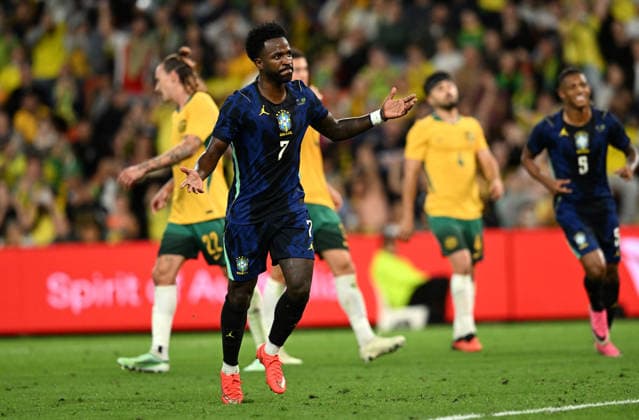 SOCCER AUSTRALIA BRAZIL, Vinicius Junior of Brazil celebrates scoring a goal during the Queensland Football Series International Friendly, Länderspiel, Nationalmannschaft match between the Australian Socceroos and Brazil at Suncorp Stadium in Brisbane, Tuesday, September 29, 2026. ( NO ARCHIVING, EDITORIAL USE ONLY BRISBANE QUEENSLAND Australia  Copyright: xDARRENxENGLANDx 20260929168848823305