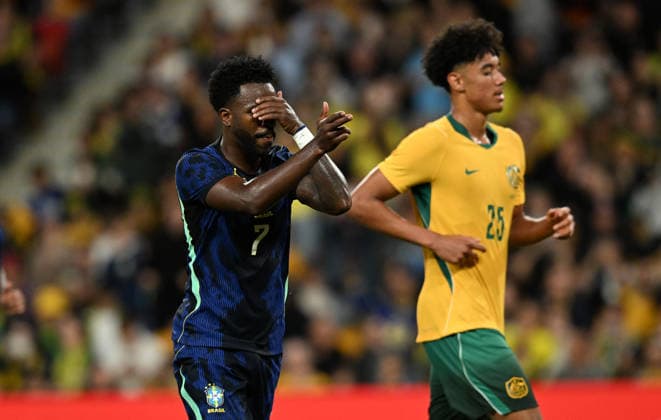SOCCER AUSTRALIA BRAZIL, Vinicius Junior of Brazil celebrates scoring a goal during the Queensland Football Series International Friendly, Länderspiel, Nationalmannschaft match between the Australian Socceroos and Brazil at Suncorp Stadium in Brisbane, Tuesday, September 29, 2026. ( NO ARCHIVING, EDITORIAL USE ONLY BRISBANE QUEENSLAND Australia  Copyright: xDARRENxENGLANDx 20260929184615861856