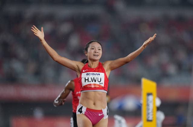 (260929) -- NAGOYA, Sept. 29, 2026 -- Wu Hongjiao of China reacts after the women s 800m final of athletics at the 20th Asian Games Aichi-Nagoya 2026 in Nagoya, Japan, Sept. 29, 2026. ) (SP)JAPAN-NAGOYA-ASIAN GAMES-ATHLETICS-WOMEN S 800M-FINAL LuixSiuxWai 