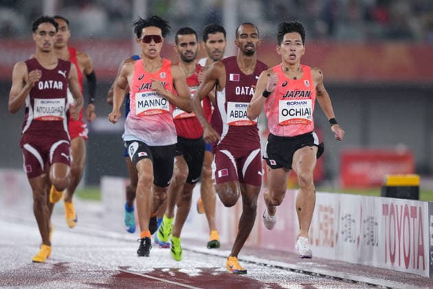 (260929) -- NAGOYA, Sept. 29, 2026 -- Ochiai Ko (front) of Japan competes during the men s 800m final of athletics at the 20th Asian Games Aichi-Nagoya 2026 in Nagoya, Japan, Sept. 29, 2026. ) (SP)JAPAN-NAGOYA-ASIAN GAMES-ATHLETICS-MEN S 800M-FINAL LuixSiuxWai 