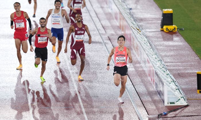 (260929) -- NAGOYA, Sept. 29, 2026 -- Ochiai Ko (front) of Japan competes during the men s 800m final of athletics at the 20th Asian Games Aichi-Nagoya 2026 in Nagoya, Japan, Sept. 29, 2026. ) (SP)JAPAN-NAGOYA-ASIAN GAMES-ATHLETICS-MEN S 800M-FINAL WangxFei 