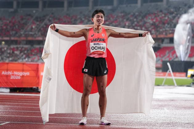(260929) -- NAGOYA, Sept. 29, 2026 -- Ochiai Ko of Japan celebrates after the men s 800m final of athletics at the 20th Asian Games Aichi-Nagoya 2026 in Nagoya, Japan, Sept. 29, 2026. ) (SP)JAPAN-NAGOYA-ASIAN GAMES-ATHLETICS-MEN S 800M-FINAL LuixSiuxWai 
