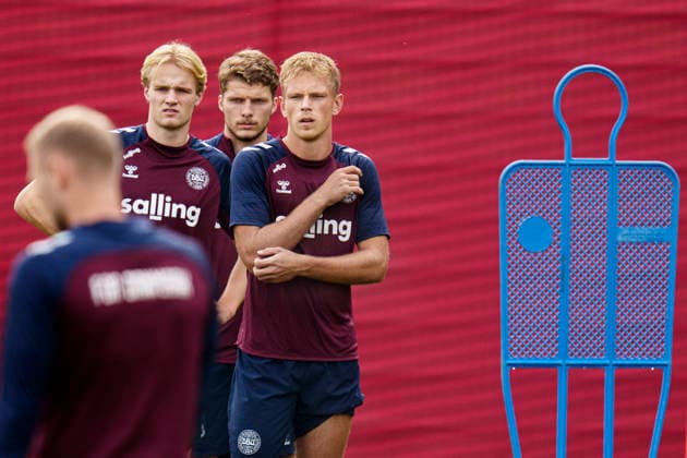 Denmark Nations League: Lucas Hoegsberg, Victor Froholdt, and Anton Gaaei during training at the national soccer team’s gathering in Helsingør on Tuesday, September 29, 2026. Denmark will play a Nations League match on Thursday at Parken against Portugal. Photo: Liselotte Sabroe, Ritzau Scanpix, Copenhagen, Denmark  Copyright: Ritzau Scanpix LiselottexSabroex spdk20260929-125722-L