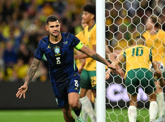 SOCCER AUSTRALIA BRAZIL, Bruco Guimaraes of Brazil celebrates scoring a goal during the Queensland Football Series International Friendly, Länderspiel, Nationalmannschaft match between the Australian Socceroos and Brazil at Suncorp Stadium in Brisbane, Tuesday, September 29, 2026. ( NO ARCHIVING, EDITORIAL USE ONLY BRISBANE QUEENSLAND Australia  Copyright: xDARRENxENGLANDx 20260929112910097267