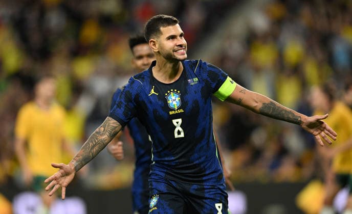 SOCCER AUSTRALIA BRAZIL, Bruco Guimaraes of Brazil celebrates scoring a goal during the Queensland Football Series International Friendly, Länderspiel, Nationalmannschaft match between the Australian Socceroos and Brazil at Suncorp Stadium in Brisbane, Tuesday, September 29, 2026. ( NO ARCHIVING, EDITORIAL USE ONLY BRISBANE QUEENSLAND Australia  Copyright: xDARRENxENGLANDx 20260929167049911312