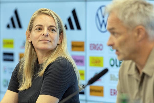 DFB Women s National Team Roster Announcement: DFB Sports Director Nia Künzer (right, foreground) and National Team Coach Christian Wück at a press conference on the DFB Campus in Frankfurt am Main on September 29, 2026; Frankfurt am Main, Hesse, Germany; DFB Campus