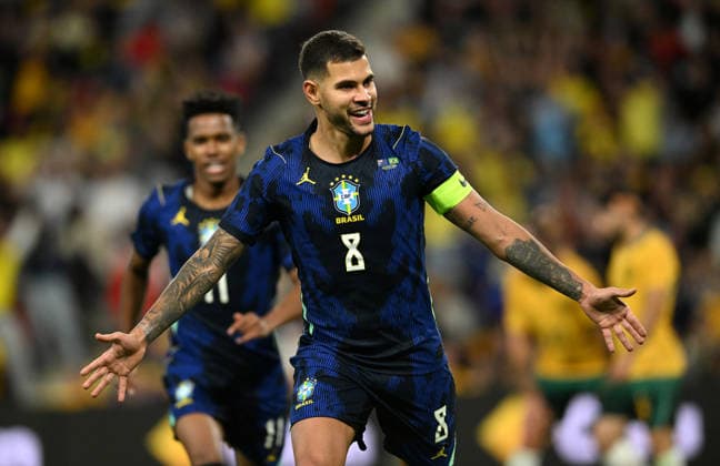 SOCCER AUSTRALIA BRAZIL, Bruco Guimaraes of Brazil celebrates scoring a goal during the Queensland Football Series International Friendly, Länderspiel, Nationalmannschaft match between the Australian Socceroos and Brazil at Suncorp Stadium in Brisbane, Tuesday, September 29, 2026. ( NO ARCHIVING, EDITORIAL USE ONLY BRISBANE QUEENSLAND Australia  Copyright: xDARRENxENGLANDx 20260929143703573705