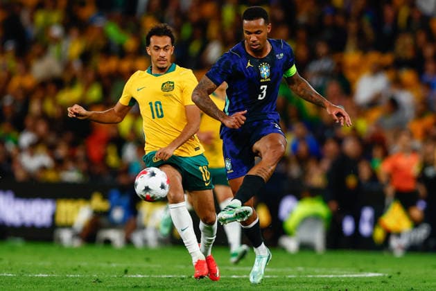 SOCCER AUSTRALIA BRAZIL, Gabriel Magalhaes of Brazil passes the ball during the Queensland Football Series International Friendly, Länderspiel, Nationalmannschaft match between the Socceroos and Brazil at Suncorp Stadium in Brisbane, Tuesday, September 29, 2026. ( NO ARCHIVING, EDITORIAL USE ONLY  Copyright: xRUSSELLxFREEMANx 20260929118585188160