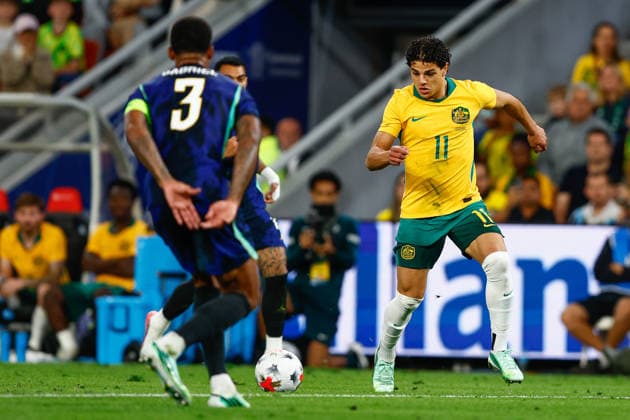 SOCCER AUSTRALIA BRAZIL, Marcus Younis of Australia in action during the Queensland Football Series International Friendly, Länderspiel, Nationalmannschaft match between the Socceroos and Brazil at Suncorp Stadium in Brisbane, Tuesday, September 29, 2026. ( NO ARCHIVING, EDITORIAL USE ONLY  Copyright: xRUSSELLxFREEMANx 20260929159853503462