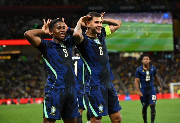 SOCCER AUSTRALIA BRAZIL, Bruco Guimaraes (right) of Brazil celebrates scoring a goal with Endrick (left) of Brazil during the Queensland Football Series International Friendly, Länderspiel, Nationalmannschaft match between the Australian Socceroos and Brazil at Suncorp Stadium in Brisbane, Tuesday, September 29, 2026. ( NO ARCHIVING, EDITORIAL USE ONLY BRISBANE QUEENSLAND Australia  Copyright: xDARRENxENGLANDx 20260929115402596062
