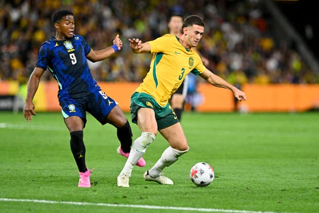 RECORD DATE NOT STATED 29th September 2026; Suncorp Stadium, Brisbane, Australia; Friendlies Football, Australia versus Brazil; Connor Metcalfe of Australia under pressure from Endrick of Brazil NigelxOwen