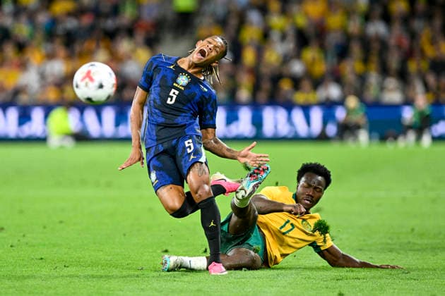 RECORD DATE NOT STATED 29th September 2026; Suncorp Stadium, Brisbane, Australia; Friendlies Football, Australia versus Brazil; Danilo Santos of Brazil is tackled by Nestory Irankunda of Australia NigelxOwen