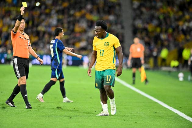 RECORD DATE NOT STATED 29th September 2026; Suncorp Stadium, Brisbane, Australia; Friendlies Football, Australia versus Brazil; Danilo Santos of Brazil is fouled by Nestory Irankunda of Australia and receives a yellow card NigelxOwen