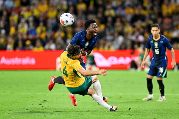 RECORD DATE NOT STATED 29th September 2026; Suncorp Stadium, Brisbane, Australia; Friendlies Football, Australia versus Brazil; Jacob Italiano of Australia tackles Vinicius Junior of Brazil NigelxOwen