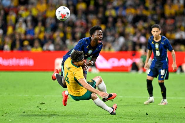 RECORD DATE NOT STATED 29th September 2026; Suncorp Stadium, Brisbane, Australia; Friendlies Football, Australia versus Brazil; Jacob Italiano of Australia tackles Vinicius Junior of Brazil NigelxOwen