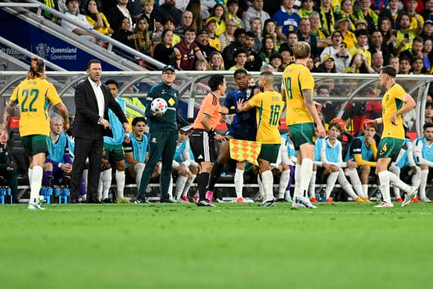 RECORD DATE NOT STATED 29th September 2026; Suncorp Stadium, Brisbane, Australia; Friendlies Football, Australia versus Brazil; Endrick of Brazil and Aziz Behich of Australia get into a scuffle on the touch line NigelxOwen