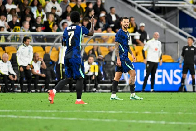 RECORD DATE NOT STATED 29th September 2026; Suncorp Stadium, Brisbane, Australia; Friendlies Football, Australia versus Brazil; Bruno Guimaraes of Brazil celebrates with Vinicius Junior of Brazil after scoring to make it 3-2 in the 69th minute NigelxOwen