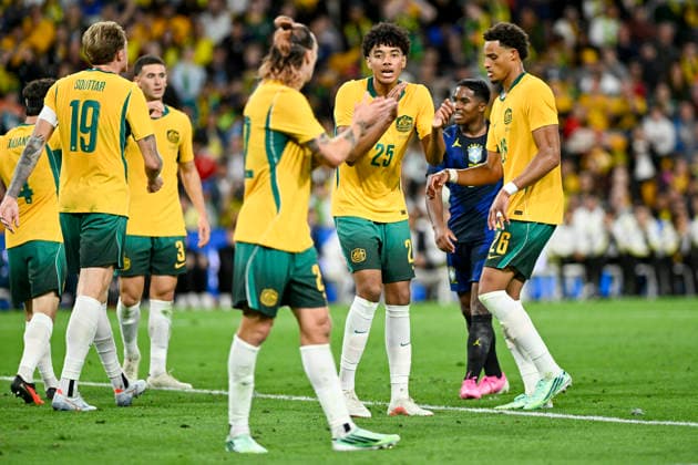 RECORD DATE NOT STATED 29th September 2026; Suncorp Stadium, Brisbane, Australia; Friendlies Football, Australia versus Brazil; Dylan Leonard of Australia encourages Jackson Irvine of Australia NigelxOwen