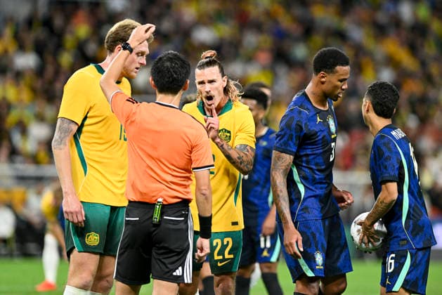 RECORD DATE NOT STATED 29th September 2026; Suncorp Stadium, Brisbane, Australia; Friendlies Football, Australia versus Brazil; Jackson Irvine of Australia disagrees with the referee after his penalty decision NigelxOwen