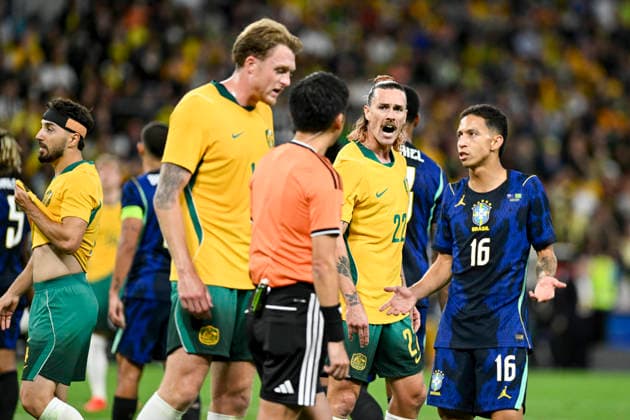 RECORD DATE NOT STATED 29th September 2026; Suncorp Stadium, Brisbane, Australia; Friendlies Football, Australia versus Brazil; Jackson Irvine of Australia disagrees with the referee after his penalty decision NigelxOwen