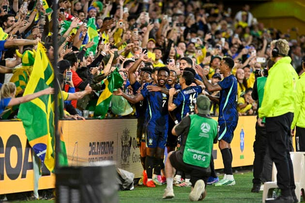 RECORD DATE NOT STATED 29th September 2026; Suncorp Stadium, Brisbane, Australia; Friendlies Football, Australia versus Brazil; Vinicius Junior of Brazil celebrates his penalty to make the score 4-2 in the 80th minute NigelxOwen