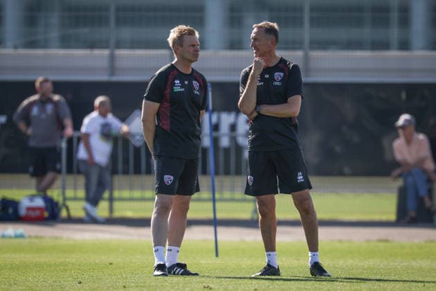 3rd League Season 2026–27 1: Training session with Achim Beierlorzer; Head Coach Achim Beierlorzer (FCI), on the right; Assistant Coach Markus Feldhoff (FCI); Photo by Jürgen Meyer; 3rd League Season 2026–27 1: Training session with Achim Beierlorzer