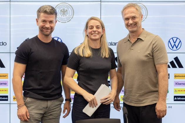 Women s National Team Roster Announcement: From left, U-23 Head Coach Michael Urbansky, DFB Director of Sports Nia Künzer, and National Team Head Coach Christian Wück. Press conference at the DFB Campus in Frankfurt am Main on September 29, 2026; Frankfurt am Main, Hesse, Germany; DFB Campus