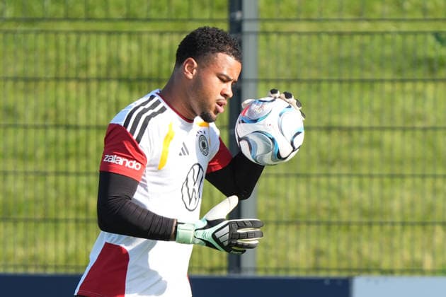 Goalkeeper Noah Atubolu (Germany) warms up at Herzo Base, September 29, 2026. German National Team Nations League Preparation, Home Ground, HerzoBase, World of Adidas, Herzogenaurach