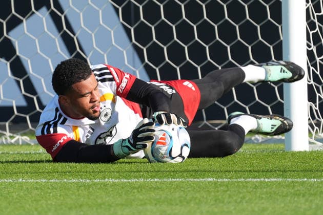Goalkeeper Noah Atubolu, Germany, at Herzo Base on September 29, 2026: German National Team Nations League Preparation, Home Ground, HerzoBase, World of Adidas, Herzogenaurach