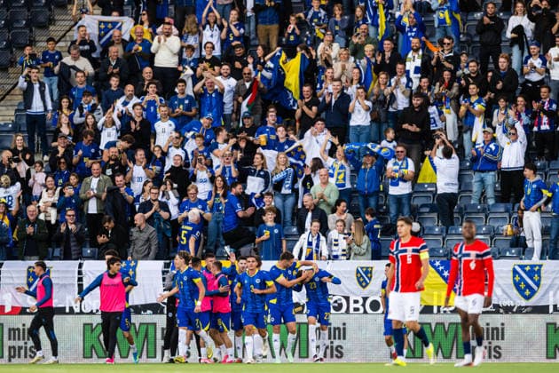 September 29, 2026: Eman Kospo of Bosnia and Herzegovina celebrates after scoring the 0–1 goal during the UEFA European Under-21 Qualifier soccer match between Norway and Bosnia and Herzegovina on September 29, 2026 in Stavanger. Photo by Marius Simensen. BILDBYRAN COP 238 bbeng bosnia bosnia and herzegovina u21 qualifiers soccer football celebration norway u21 uefa euro under-21 qualifiers  Copyright: MARIUSxSIMENSEN BB260929BB292